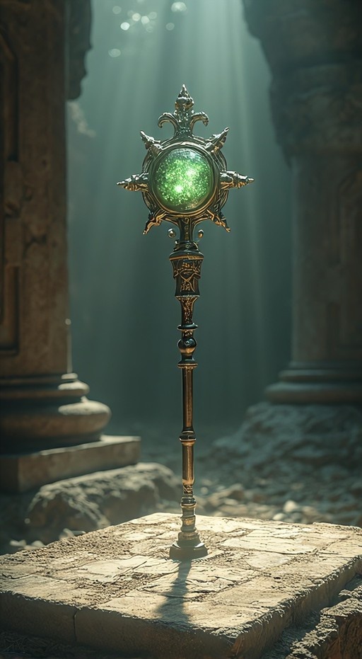 A vertical digital illustration of a magical staff with a glowing green orb standing on a stone pedestal in ancient ruins with sunlight streaming through.