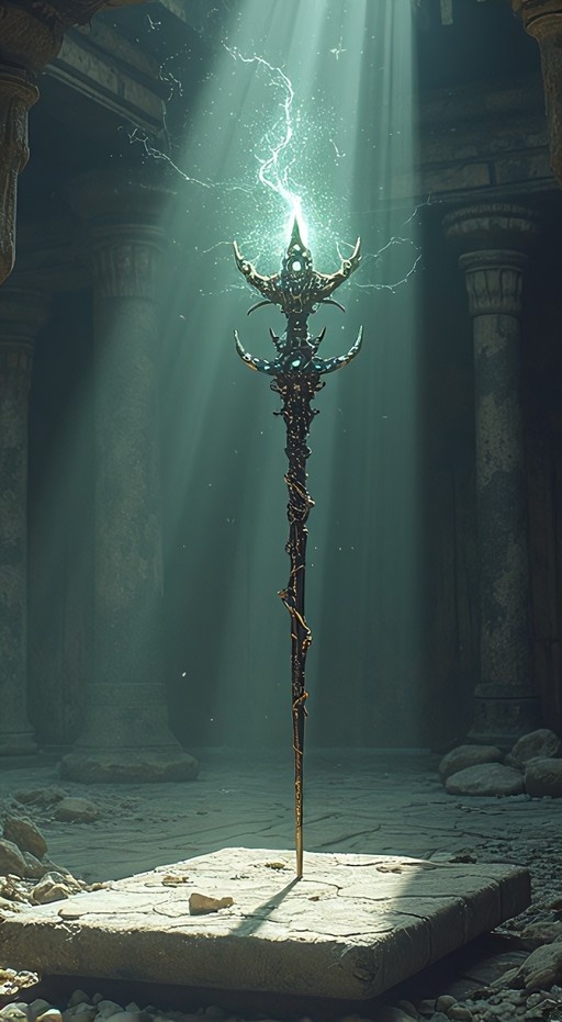 A tall ornate staff emitting electricity stands on a stone pedestal in ancient ruins with large pillars and light rays.