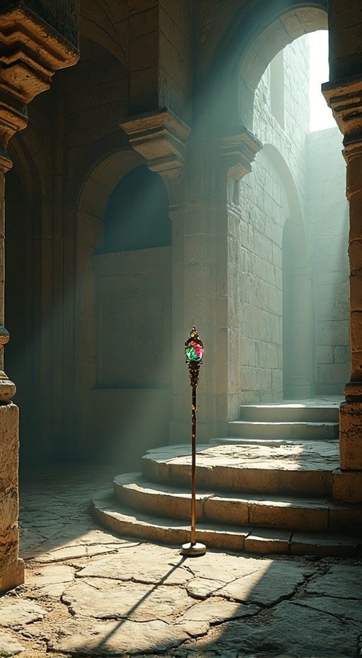 A magical staff with a glowing multicolored gem stands upright on the cracked stone floor of an ancient ruin, illuminated by beams of sunlight streaming through arched openings.