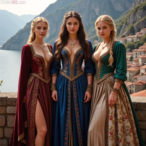 Three women in ornate red, blue, and green Renaissance-style gowns standing on a stone wall overlooking the Bay of Kotor with mountains in the background.
