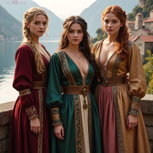 Three young women in colorful medieval-style gowns standing on a balcony with a mountain lake background.