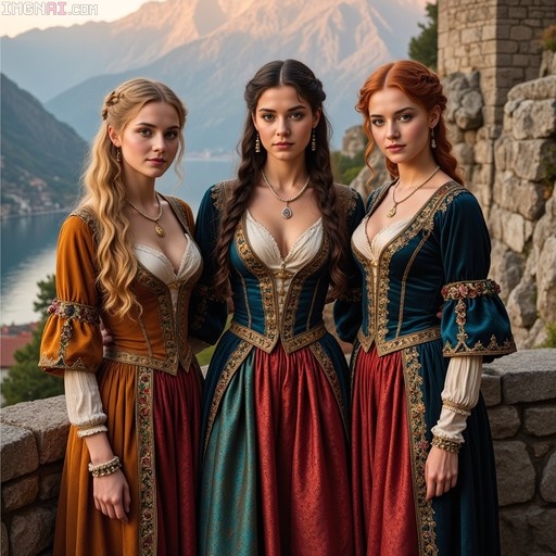 Three young women in elaborate medieval-style dresses and jewelry standing side by side outdoors with mountains in the background.