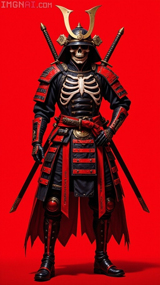 A full-body shot of a skeletal samurai in black and red armor with a skull helmet and two swords on his back against a red background.