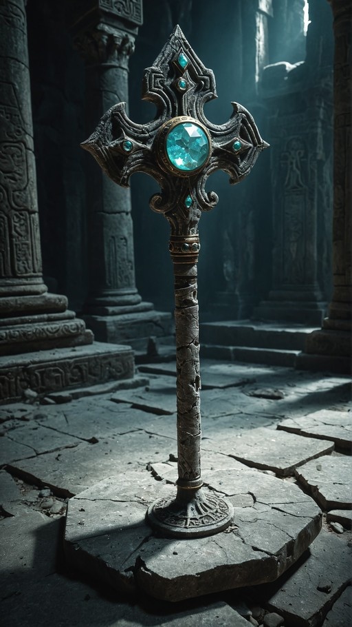 An ornate fantasy staff with a large central blue gemstone stands on a cracked stone pedestal in a dimly lit ancient ruin with carved pillars and shafts of sunlight.