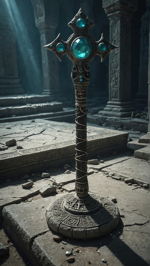 A fantasy staff with a cross-shaped top featuring large glowing teal gems, standing on an engraved stone base in a sunlit ruin.