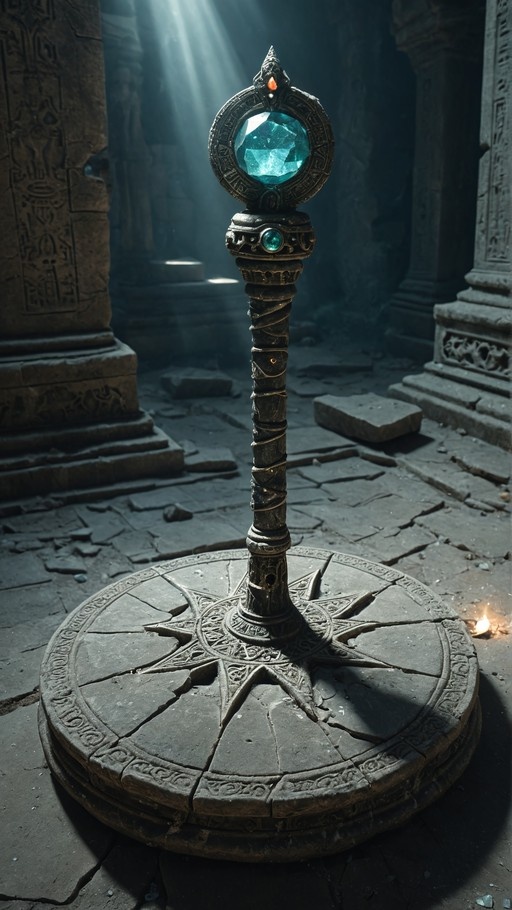 A tall, twisted fantasy staff with a large glowing blue gemstone rests on a circular stone pedestal in a dark, ruined chamber illuminated by shafts of sunlight.