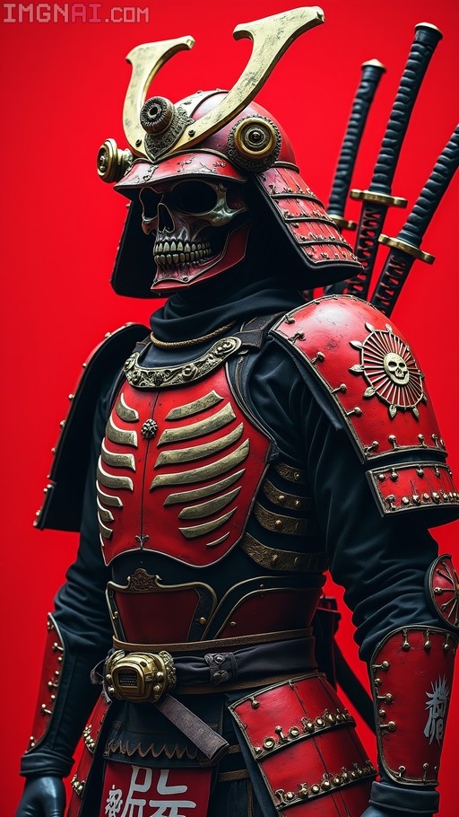 A skeletal samurai in red and black armor with a skull helmet stands against a red background.