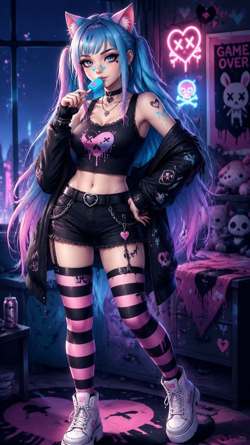 Full-body digital art of a cat girl with blue and pink hair wearing striped socks and holding a popsicle in a neon bedroom.
