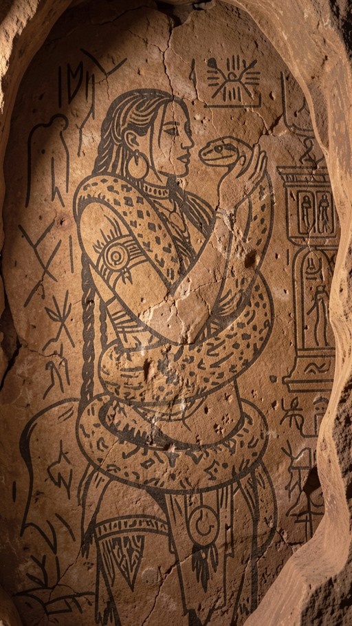 Ancient style cave painting showing a profile view of a woman with long braided hair and jewelry, wrapped by a large snake amidst hieroglyphic symbols on a rock wall.