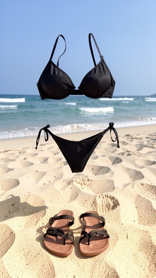 A black bikini and sandals floating above the sand on a sunny beach with ocean waves in the background.