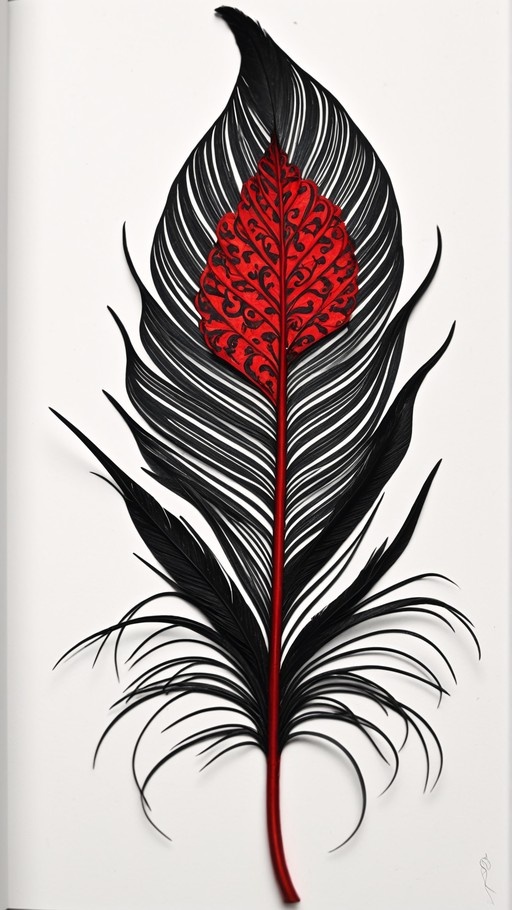 A vertical composition showing a large black feather with white lines, a bright red stem, and a detailed red leaf shape with black filigree patterns in the center on a plain white background.