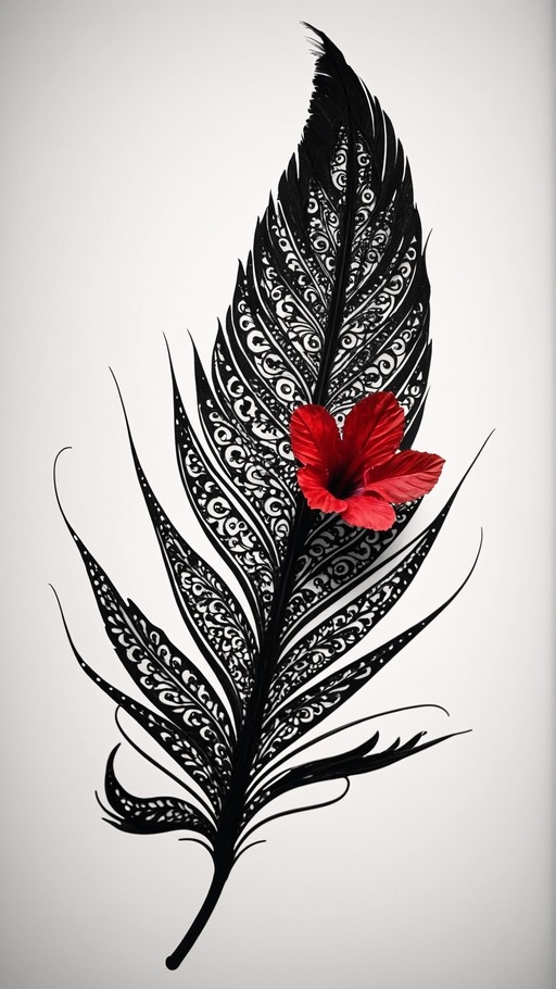 A digital illustration of a large black feather with intricate white swirl patterns, featuring a bright red hibiscus flower in the center against a light background.