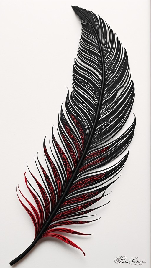 A stylized feather illustration featuring black and white stripes on the top half and red filigree patterns on the bottom, set against a white background.