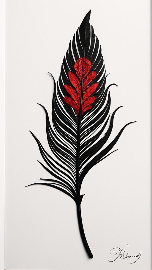 A vertical digital illustration of a large black feather with a detailed red center against a plain background.