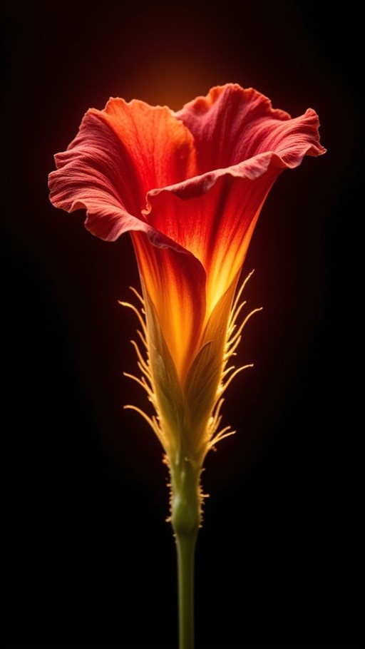 A vibrant red and orange trumpet-shaped flower with ruffled petals glows warmly from within against a solid black background.