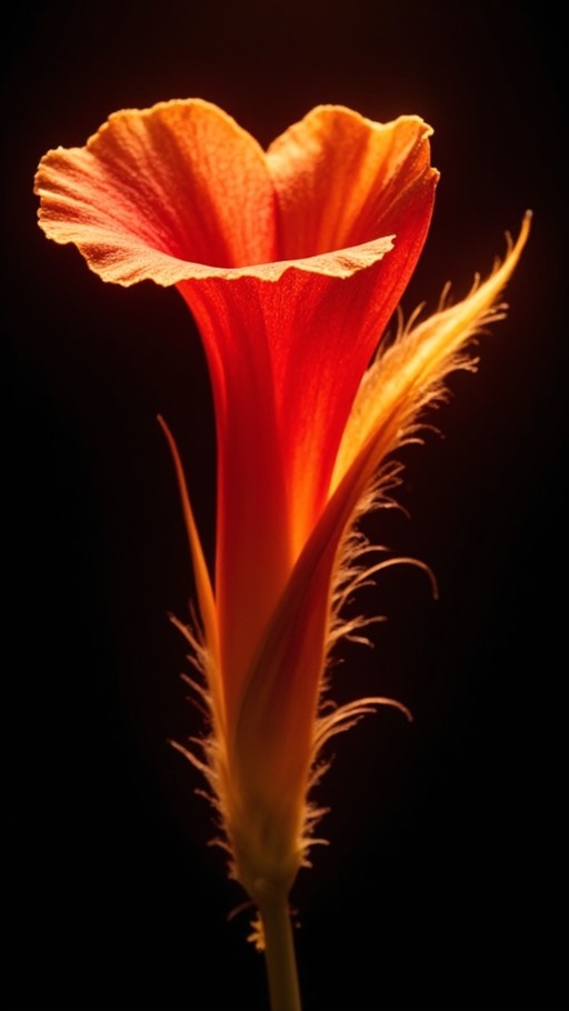 A glowing red-orange trumpet flower with golden feathery details against a black background.