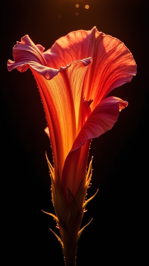Close-up of an orange trumpet-shaped flower illuminated by warm sunlight against a black background.