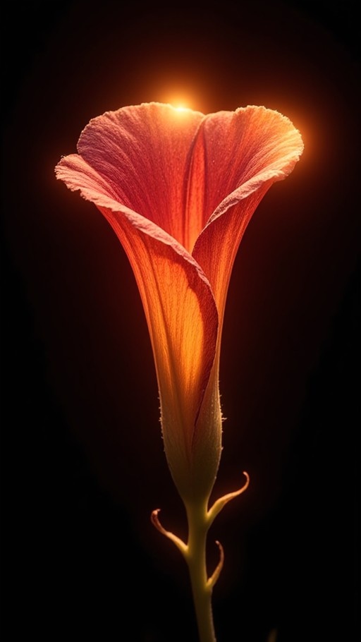 Close-up of an orange trumpet flower glowing from behind against a black background.