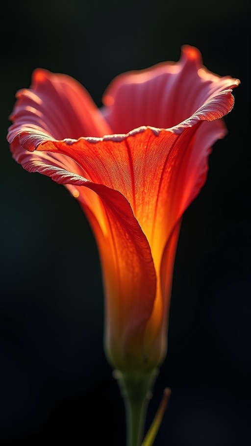 A backlit red lily with translucent petals glowing orange and yellow against a black background.