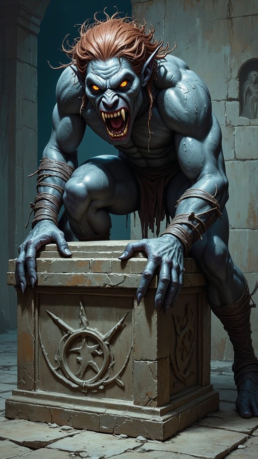 A muscular blue-skinned monster with orange hair and glowing yellow eyes crouches over a stone block, roaring with mouth open and hands gripping the edge.