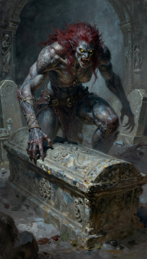 A muscular, grey-skinned creature with long wild red hair and glowing yellow eyes crouches on an ornate stone coffin in a dark crypt, baring sharp fangs with blood on its clawed hands.