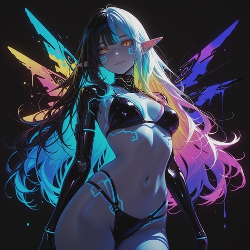 A cybernetic elf girl with long multicolored hair and yellow eyes wears a black bikini with glowing blue lines and has large mechanical wings against a dark background.