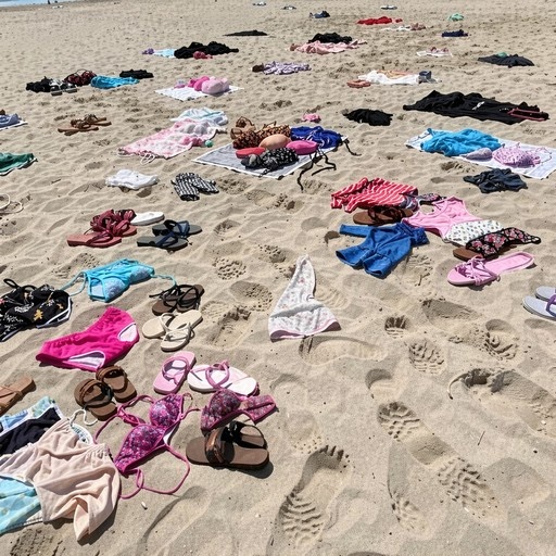 A sandy beach covered with scattered piles of colorful swimsuits, shirts, shorts, and various pairs of sandals and flip-flops, with footprints visible in the sand but no people present.