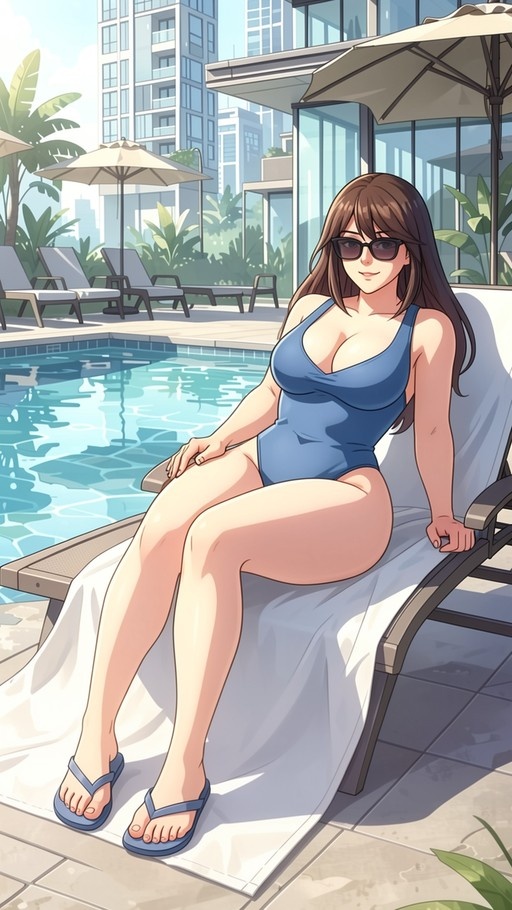 Anime-style woman with long brown hair and sunglasses wearing a blue one-piece swimsuit while sitting on a lounge chair by a swimming pool.