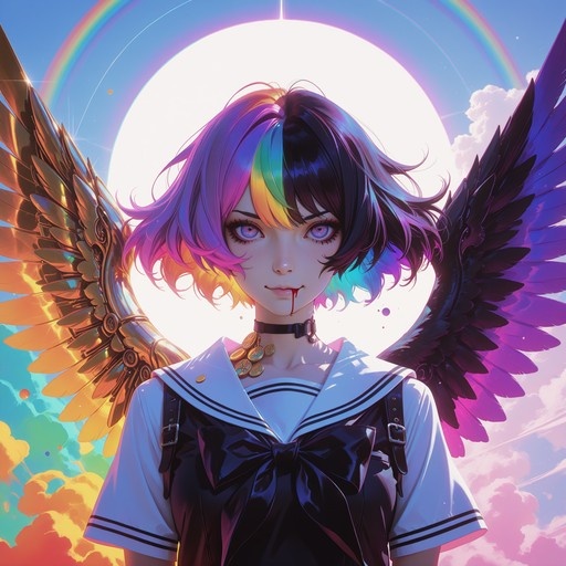 Anime girl with short rainbow hair and dual golden and black wings wearing a sailor uniform against a bright sky with rainbows