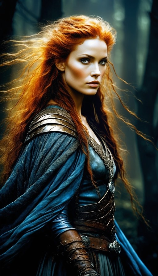 Realistic portrait of a red-haired woman in blue fantasy armor and a cape standing in a forest.