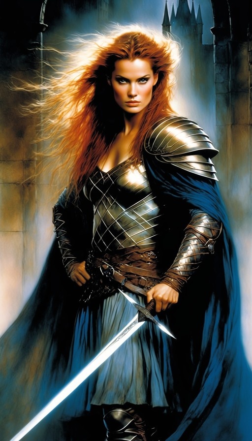 A red-haired woman in silver armor and a blue cape stands before a stone archway, holding a sword that glows with bright white light.