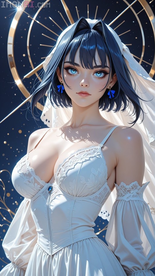 Digital illustration of Ouro Kronii in a white lace dress and veil standing before a golden clock face.