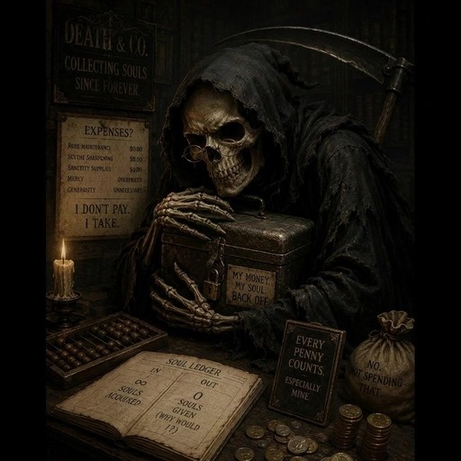 A skeletal Grim Reaper in a black hood sits at a desk with an abacus and soul ledger, holding a locked box while another skeleton presents a bill.