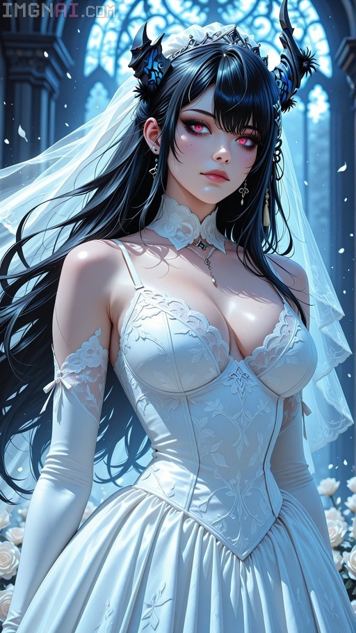 Nerissa Ravencroft wearing a white wedding dress and veil with her signature horns in a church setting.