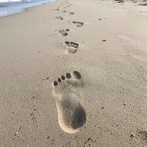 A close-up view of barefoot footprints imprinted in the sand on a beach, leading towards the water's edge under natural sunlight.