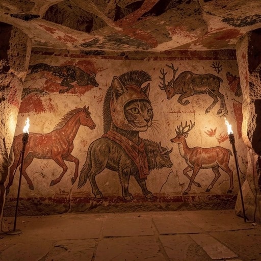 Anthropomorphic cats exploring a cave with ancient murals and finding a kitten.