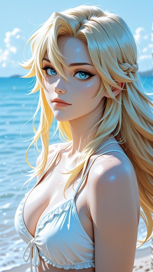 Blonde woman in a white ruffled bikini top standing on a beach with the ocean in the background.