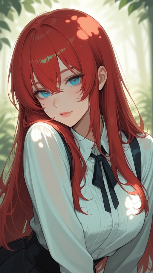 Anime portrait of a red-haired girl with blue eyes in a white shirt and black ribbon, standing in dappled sunlight.