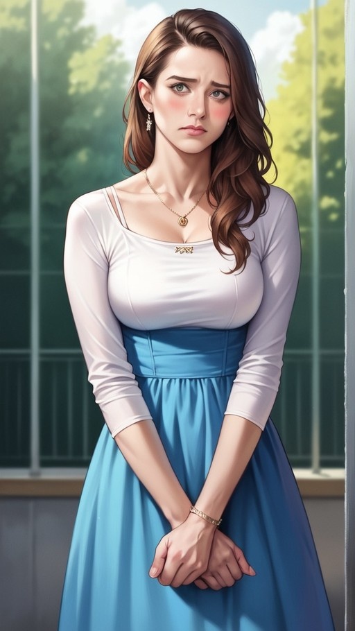 A young woman with long wavy brown hair stands outdoors wearing a white long-sleeved top and a blue high-waisted skirt, accessorized with gold earrings and a necklace.