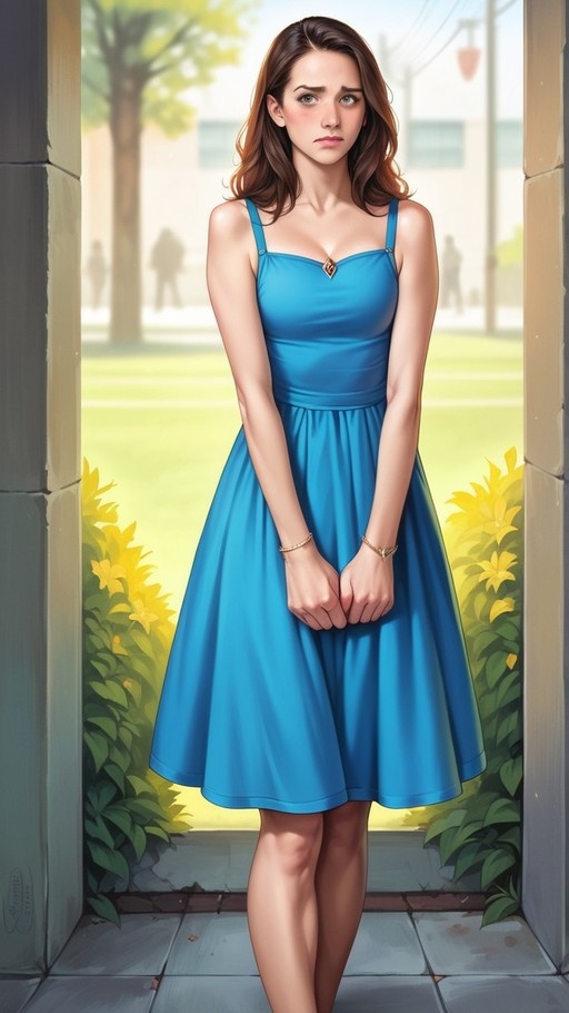 A young woman with long brown hair stands outdoors wearing a blue sleeveless dress and bracelets, looking at the viewer near yellow flowers.