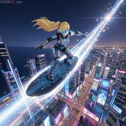 A blonde woman with a ponytail wearing a futuristic bodysuit and visor rides a glowing hoverboard above a cyberpunk cityscape at night.