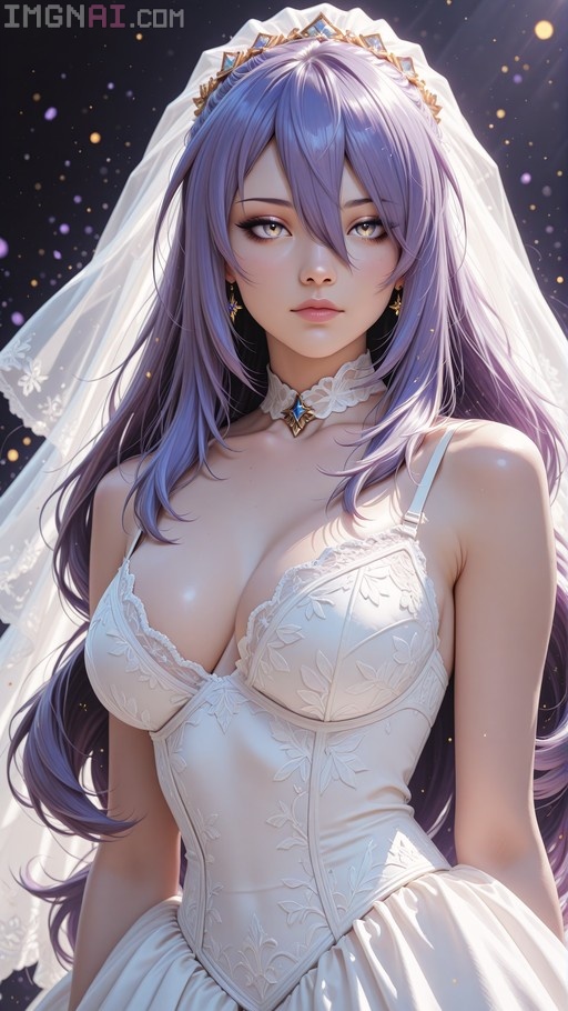 An anime-style woman with long purple hair and golden eyes wearing a white wedding dress, veil, and choker against a starry background.