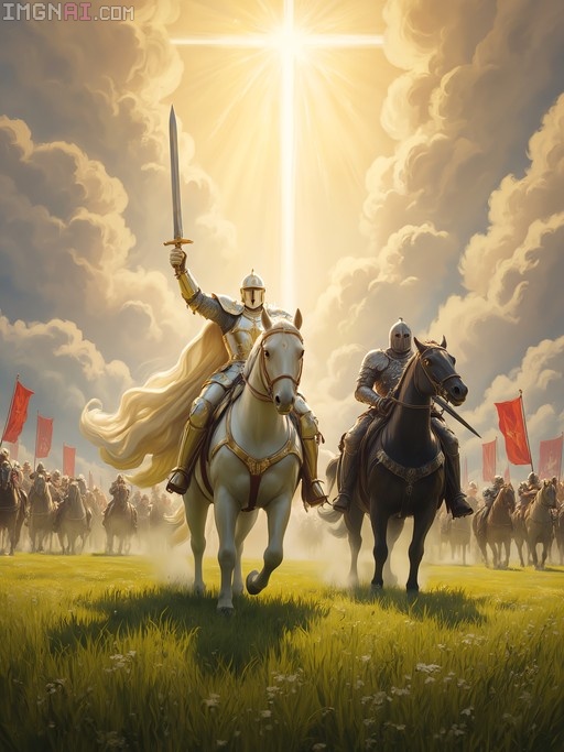 A knight in silver armor on a white horse raises a sword high while leading an army across a grassy field under a dramatic sky with a bright light beam.
