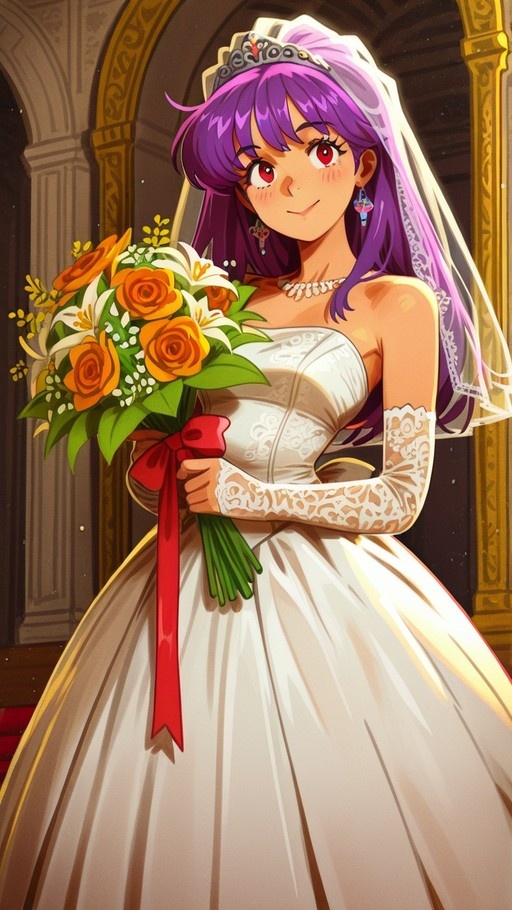 An anime-style illustration of a smiling bride with long purple hair and red eyes, wearing a white wedding gown, veil, and lace gloves while holding a bouquet of orange roses and white lilies.