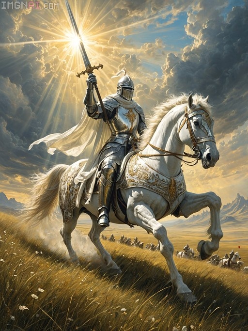 A radiant knight in ornate silver armor riding a white warhorse across a golden grassland, raising a sword toward breaking clouds and divine light while leading a cavalry charge.