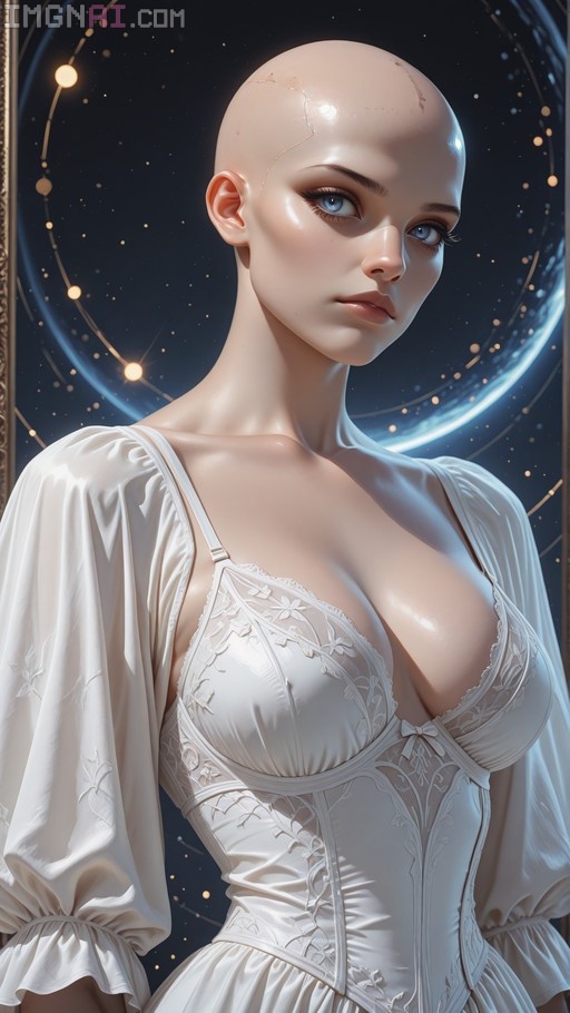 A bald woman with blue eyes wearing a white corset dress stands against a starry space background with a glowing ring.