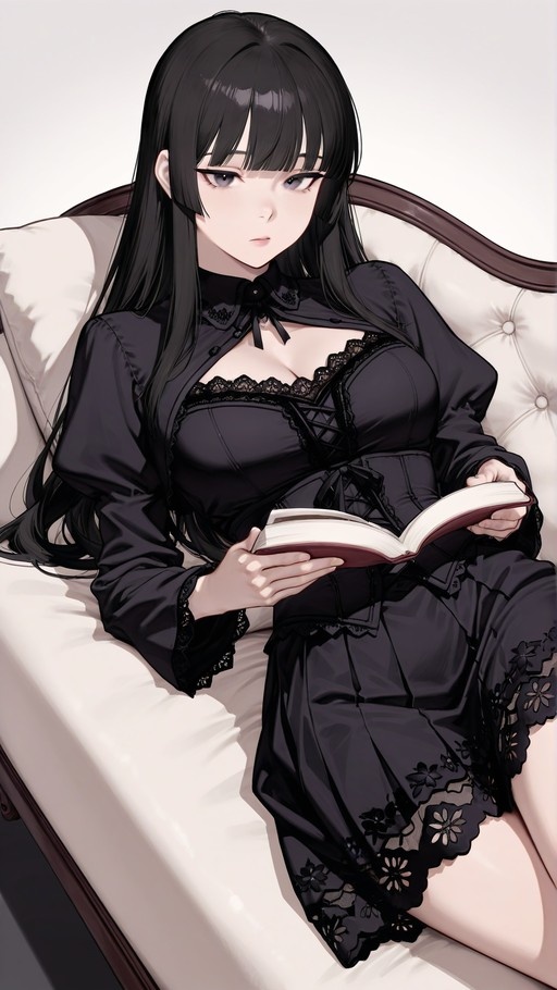 Anime girl with long black hair in a black lace dress reading a book on a white couch.