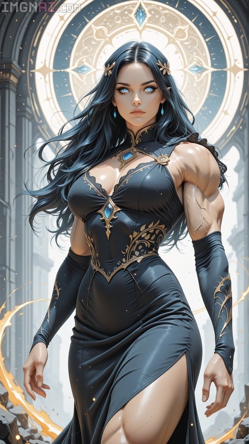 A muscular woman with long dark hair and blue eyes wearing a black dress with gold trim stands in front of a glowing circular window.