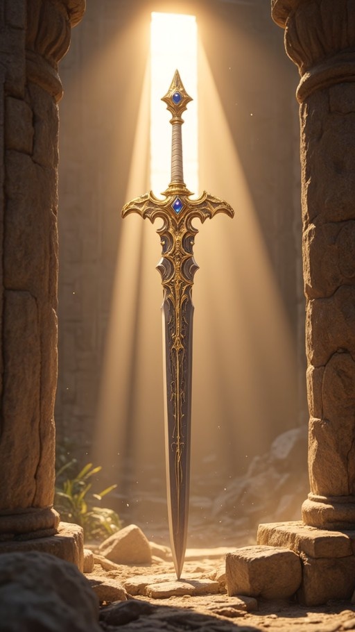 An ornate golden sword with blue gems is embedded in the ground between two stone pillars, illuminated by a beam of sunlight.