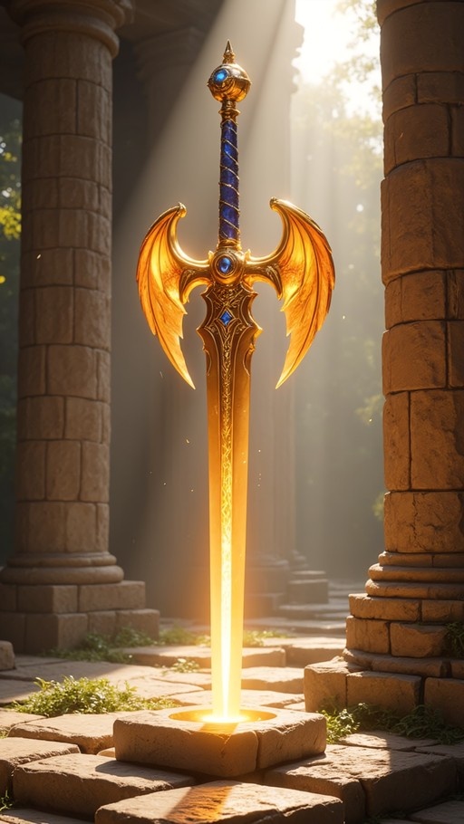 A glowing golden fantasy sword with a winged crossguard stands embedded in a stone pedestal amidst ancient ruins.